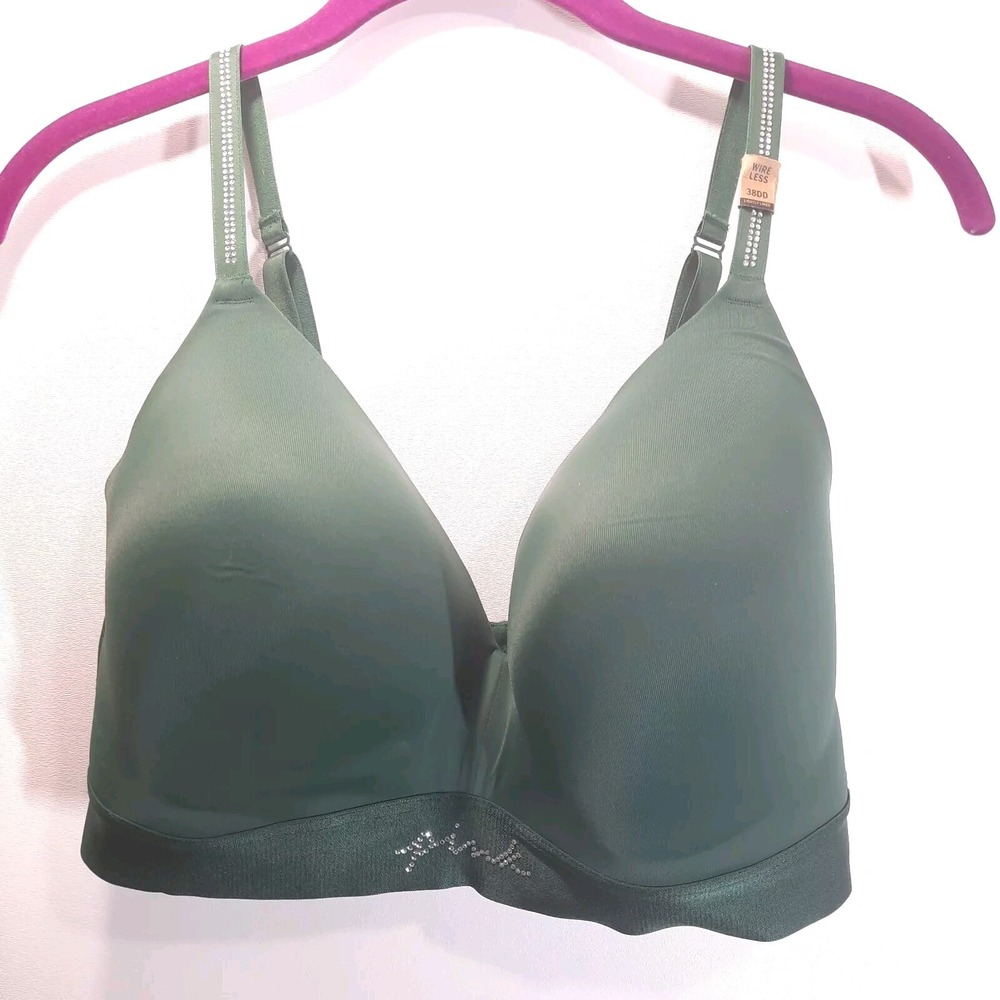 Victoria's Secret PINK Wireless Bra 38DD Forest Green Rhinestone Logo Bling